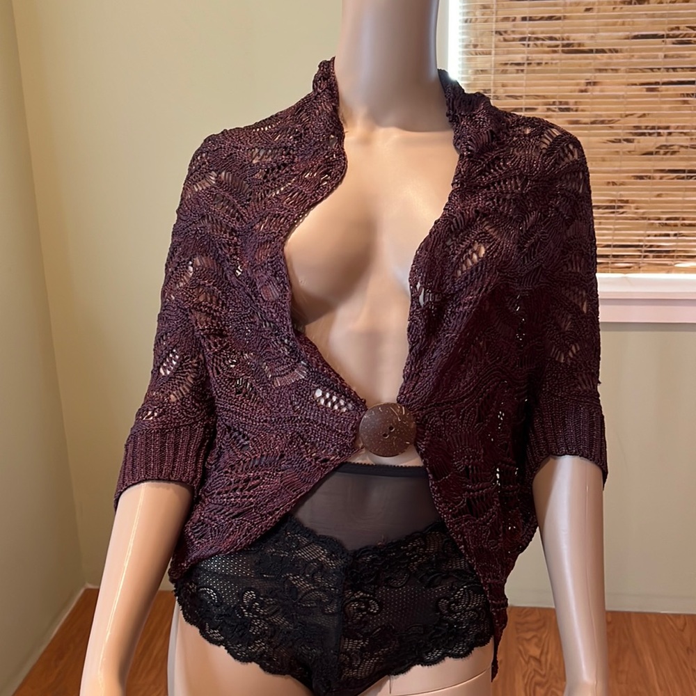 Bebe Brown Rayon Crochet Shrug With Shawl Collar And Button Closure Size M